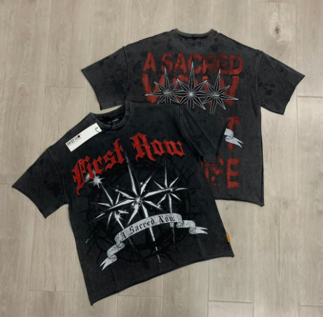 First Row Wake up and Be Fierce Flame Tee Hot-Stamped Rhinestone Washed Vintage Short-Sleeve T-Shirt