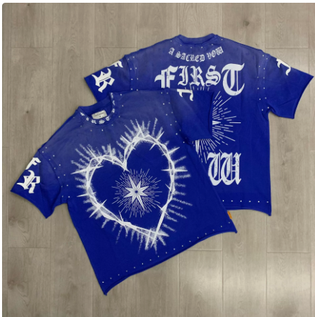 First Row Wake up and Be Fierce Flame Tee Hot-Stamped Rhinestone Washed Vintage Short-Sleeve T-Shirt