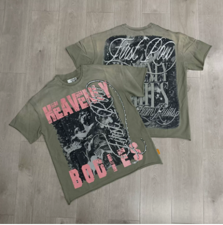 First Row Wake up and Be Fierce Flame Tee Hot-Stamped Rhinestone Washed Vintage Short-Sleeve T-Shirt