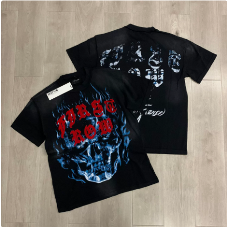 First Row Wake up and Be Fierce Flame Tee Hot-Stamped Rhinestone Washed Vintage Short-Sleeve T-Shirt