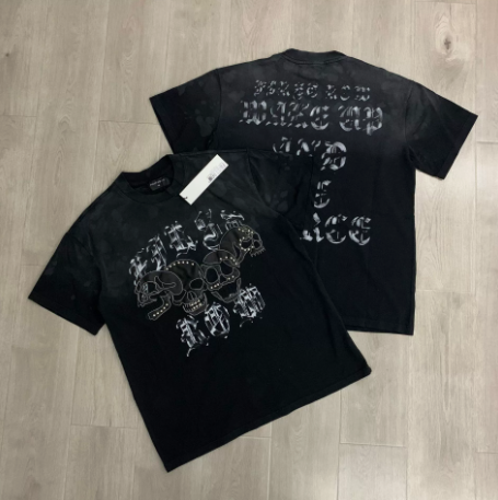 First Row Wake up and Be Fierce Flame Tee Hot-Stamped Rhinestone Washed Vintage Short-Sleeve T-Shirt