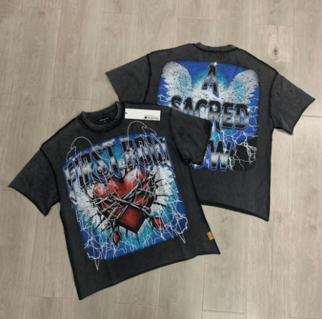 First Row Wake up and Be Fierce Flame Tee Hot-Stamped Rhinestone Washed Vintage Short-Sleeve T-Shirt