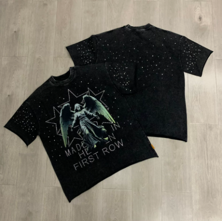 First Row Wake up and Be Fierce Flame Tee Hot-Stamped Rhinestone Washed Vintage Short-Sleeve T-Shirt