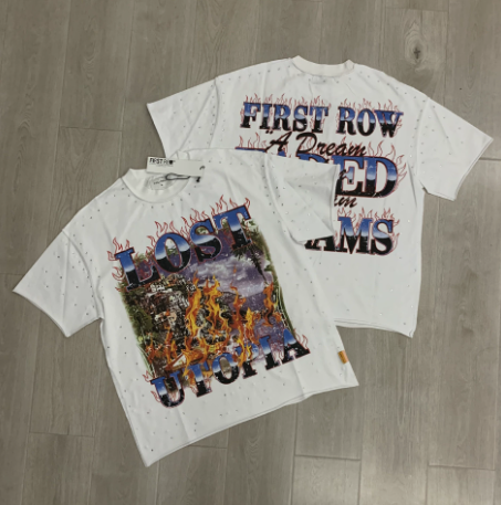 First Row Wake up and Be Fierce Flame Tee Hot-Stamped Rhinestone Washed Vintage Short-Sleeve T-Shirt